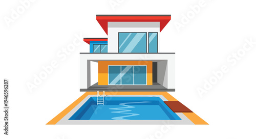 A striking vector illustration of a contemporary two-story residence featuring a sleek, flat-roof design and a refreshing private swimming pool