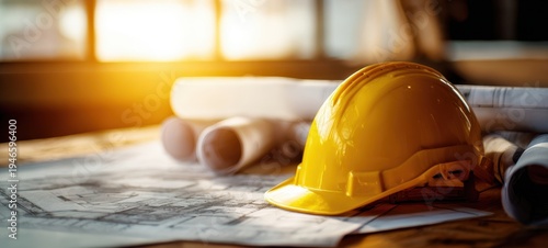 The hard hat resting on architectural blueprints with rolled plans and sunlight