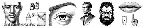Collection of classic medical and baby care symbols human face, infant items, eye, historical figure, angry face, lips, tooth, finger. Vector illustration, halftone texture,.