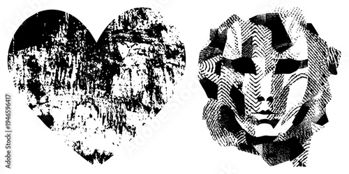 Abstract vector art featuring a heart and face rendered in high contrast halftone textures, graphic design elements, bold shapes, aesthetic, artistic expression, visual distortion.