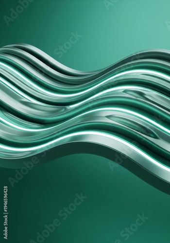 Abstract Teal and Silver Wavy Metallic Sculpture on Teal Gradient