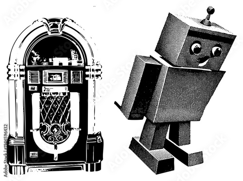 Classic jukebox with ornate and retro robot with halftone texture, dancing side by side, nostalgic pop culture duo, mid century sci fi vibe.