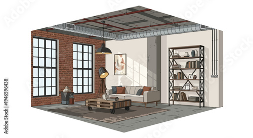 Stylish isometric urban loft interior illustration with exposed brick walls, modern furnishings, and industrial accents