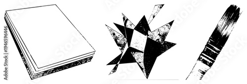 Vector illustration featuring paper stack, starburst, and paintbrush with halftone texture. Art supplies, creative tools, graphic design elements.