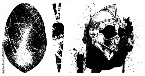Black and white halftone knight helmet, medieval sword, armor illustration, vector graphic, stylized warrior gear, dotted texture, design.
