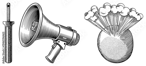 Classic hand drawn megaphone with textured cone, vintage popcorn kernel bursting with, halftone shading, retro engraving style, isolated vector elements.