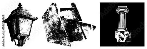 Vintage lantern, weathered stone, neoclassical pillar, architectural elements, vector art, isolated foreground, historical motifs, decorative design.