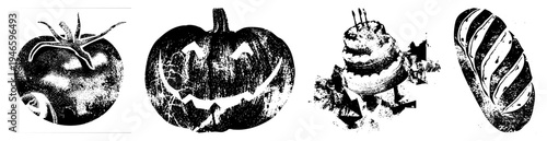 Halftone graphic of festive pumpkin, fresh tomato, layered cake, and artisan bread, stylized with grainy texture, isolated vector elements for design use.