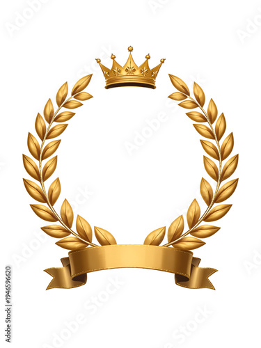 Elegant gold laurel wreath with a crown and banner, ideal for awards and recognition, white background