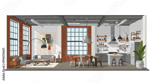 Stylish open-plan loft interior with exposed brickwork and large windows seamlessly integrating living dining kitchen areas reflecting a modern