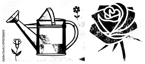 Garden watering can with spout and handle, stylized rose bloom, halftone texture, rustic botanical illustration, isolated vector graphic.