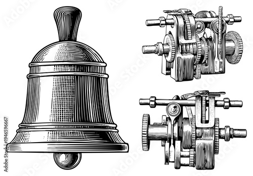 Antique bell with ribbed texture and clapper, paired with detailed clockwork gears and levers, engraved art, technical drawing style.