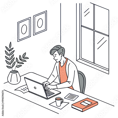 Entrepreneur working on laptop in minimal home office, clean vector illustration 2