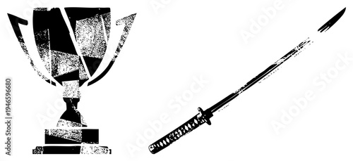 Shattered award cup and katana sword, graphic symbols of defeat and martial prowess, stylized black and white vector art with grainy texture.