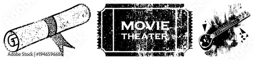 Grungy black and white vector film reel, movie ticket, electric guitar. Retro cinema symbols, artistic textures, isolated graphic elements for design use.