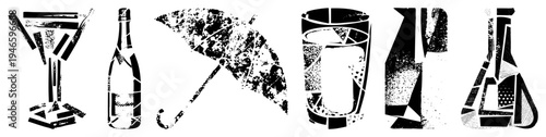 Stylized broken pieces forming cocktail glass, wine bottle, umbrella, drinking glass, flask halftone vector art, abstract composition, black and white graphic.