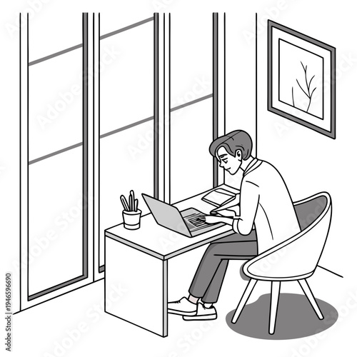 Entrepreneur working on laptop in minimal home office, clean vector illustration
