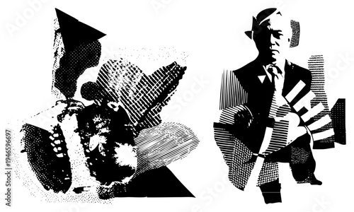 Two halftone stylized figures one seated, one with trumpet vector art, bold contrast, artistic expression.