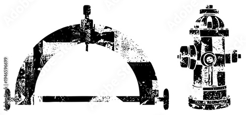 Black and white grunge vector of fire hydrant and bridge, urban infrastructure, distressed textures, stencil art, cityscape elements.