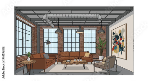 Modern industrial loft interior with exposed brick walls, large windows, comfy leather sofas, and an artistic flair perfect for urban living space