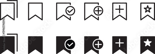Bookmark and Favorite Icon Set – Save, Add, Check and Star Line and Solid Vector Icons