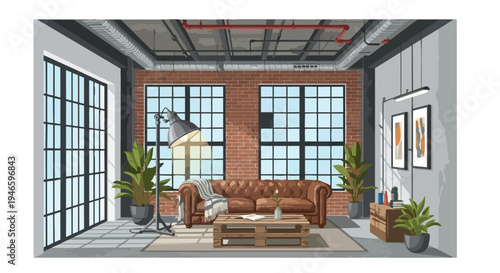 A stylish contemporary industrial loft living space showcasing a rich brown tufted sofa exposed brick walls expansive grid windows and various