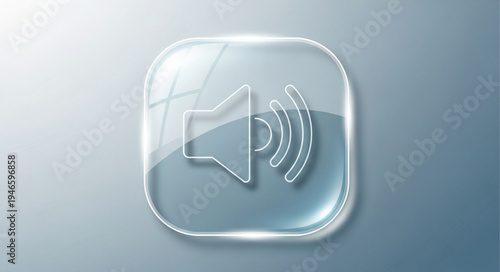 Glass speaker icon with sound waves symbol.