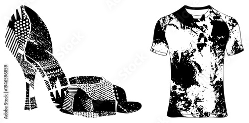 Fashion forward stiletto heel and graphic tee with halftone textures, black and white vector art, streetwear apparel, punk style clothing, bold fashion design.