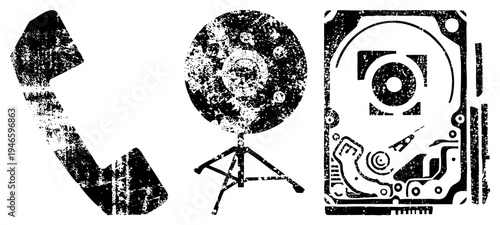 Retro communication tech telephone receiver, satellite dish, internal hard drive rendered in gritty, halftone style with worn texture, ideal for digital nostalgia or tech history themes.