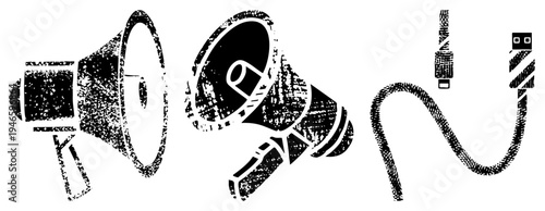 Retro megaphone symbols and USB rendered in halftone dot, vector graphic, isolated foreground, communication tools, digital connectivity.