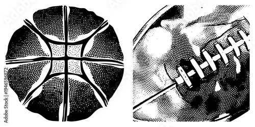 Black and white halftone sports balls, basketball with panels, football with laces, graphic design elements, retro vector art, athletic.
