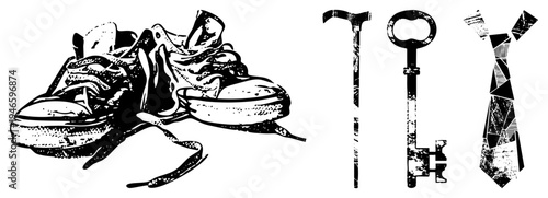 Worn sneakers, old fashioned key, frayed tie, graphic illustration, design, textured art, retro fashion, symbolic objects.