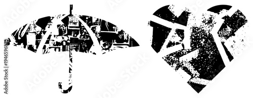 Graphic design featuring a shattered heart and umbrella filled with cityscape motifs, vector art, urban decay aesthetic, abstract symbolism, distressed texture, street art style.