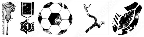 vector stick, medal, soccer ball, branch, papaya slice. Grunge texture. Ideal for sports, nature, or food themes.