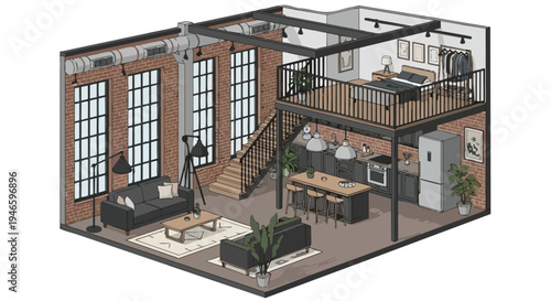A meticulously detailed isometric architectural rendering of a modern industrial loft apartment, showcasing a blend of functionality and urban