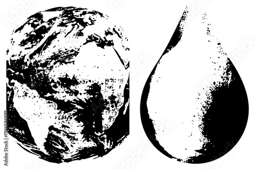 Black and white halftone globe and droplet, environmental symbols, planet and water, eco graphic, vector illustration.