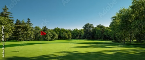 The golf green with red flag on a sunny tree lined championship course