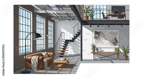 Bright modern industrial loft interior with living space and mezzanine office