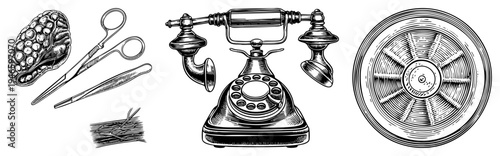 Antique rotary phone with handset and dial, surgical scissors and tweezers, brain model, medical sutures, engraved art, retro technology, medical tools.