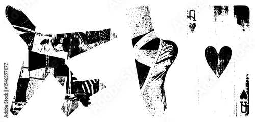 Black and white vector illustration of fighter jet, ballet foot, and playing card, all with distressed texture, isolated graphic elements, halftone effect, high contrast stencil style.