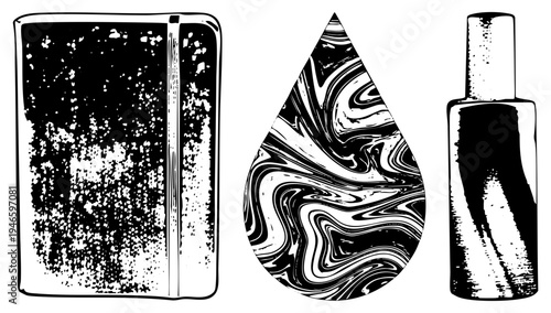 Three stylized objects in bold ink speckled case, marbled droplet, textured bottle. Vector with halftone & stippling.