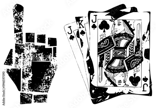 Distressed hand making rude gesture beside spade suited cards, J and K, vintage graphic, poker symbols, gambling theme, black and white stencil art.
