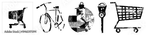 Grunge style vector shopping cart, bicycle, globe, parking meter, urban symbols, textured design, aesthetic.
