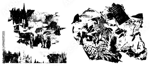 Artistic composition of fragmented shapes with halftone textures, graphic design element, digital illustration, abstract, vector art, glitch aesthetic, stylized form.