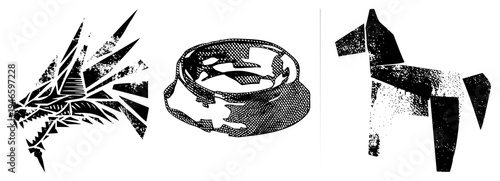 Triptych of stylized black and white vector jagged dragon, textured ashtray, fragmented dog each rendered in halftone, geometric, and glyph style for graphic design.