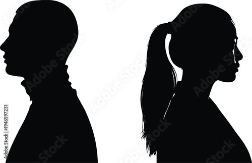 Side profile silhouettes of a man and woman standing back to back representing relationship conflict communication gap or gender identity diversity