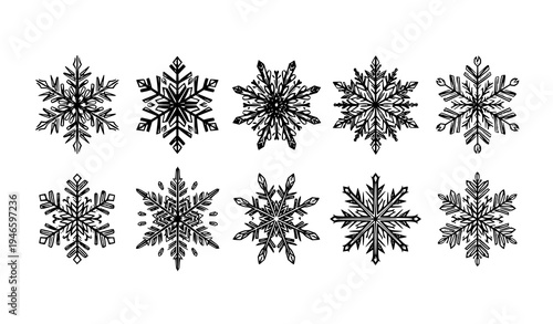 Black snowflake icon set nine winter crystal snow symbols vector illustration