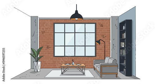 Modern industrial loft interior sketch showcasing a brick wall, large window, sofa, coffee table, plant, and bookshelf, creating a stylish urban