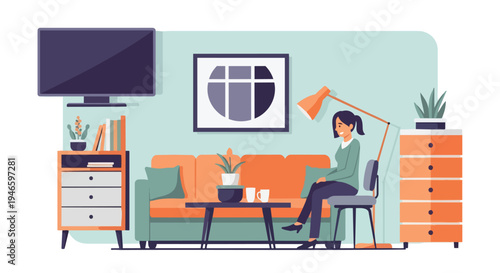 Contemporary minimalist flat design illustration of a cozy living room interior with a woman relaxing, showcasing modern home decor and personal