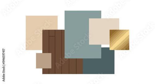 A versatile material design palette showcasing a blend of natural wood, tranquil muted teal, deep petrol green, soft neutral beige, and a shimmering